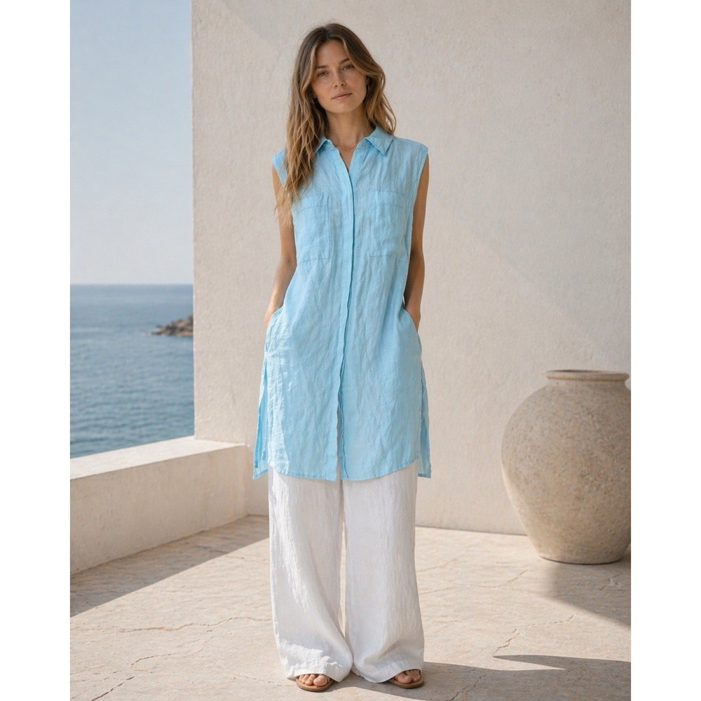Chicos Tunic Shirt 1 Aqua Blue Linen Side Slit Layere Minimalist Coastal